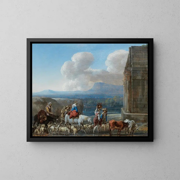 Bergers et voyageurs près d'un arc de triomphe dans la Campagne romaine - Jan van den Hecke — kehystetty taideteos seinällä