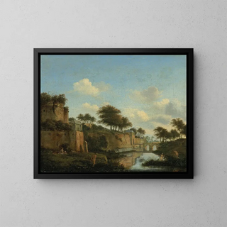 Jan van der Heyden - A fortified town with figures bathing.webp