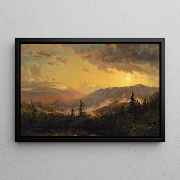Auringonlasku myrskyn jälkeen vuoristossa Catskill - Jasper Francis Cropsey — kehystetty taideteos seinällä