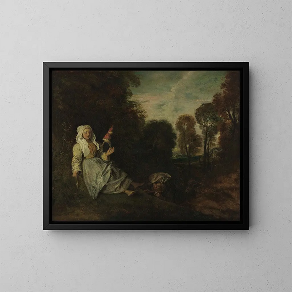 Maisema iltavalaistuksesta kutomalla - Jean-Antoine Watteau — kehystetty taideteos seinällä