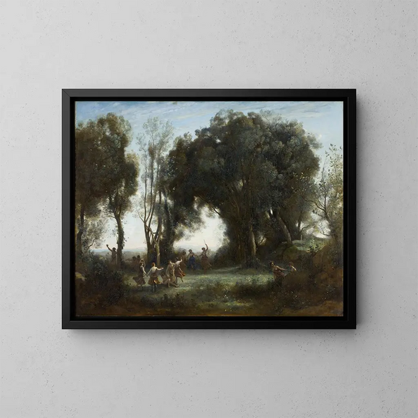 Eräänä aamuna, nymfien tanssi - Jean-Baptiste-Camille Corot — kehystetty taideteos seinällä