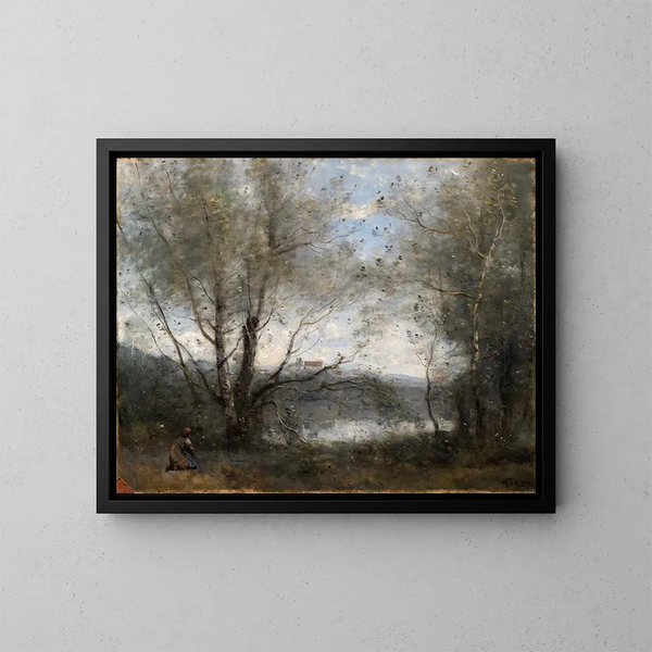 Erämaa näkyvissä puiden läpi - Jean-Baptiste-Camille Corot — kehystetty taideteos seinällä
