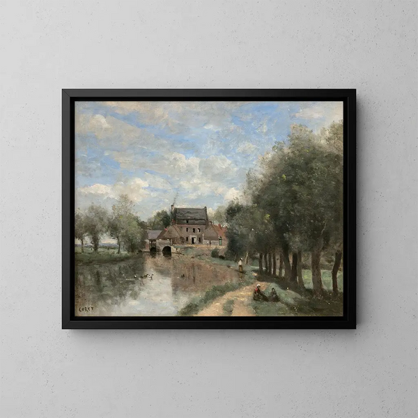 Arleux-du-Nord, le Moulin Drocourt sur la Sens - Jean-Baptiste-Camille Corot — kehystetty taideteos seinällä