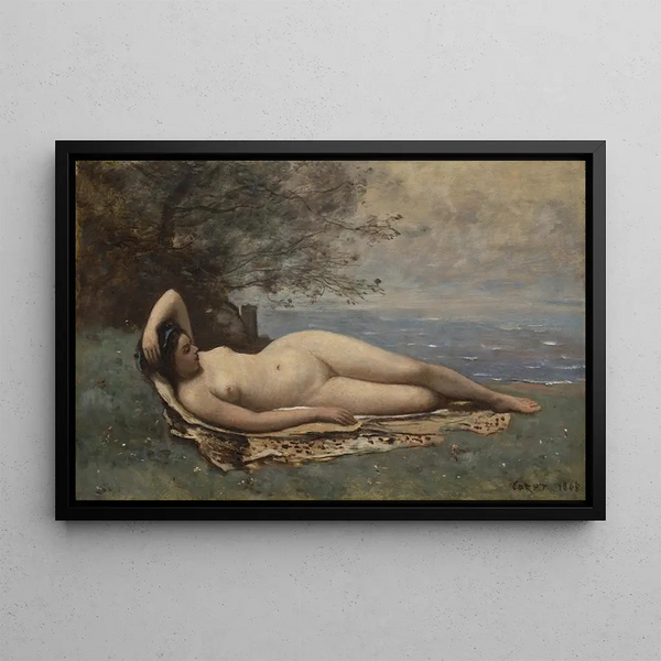 Bacchante meren rannalla - Jean-Baptiste-Camille Corot — kehystetty taideteos seinällä