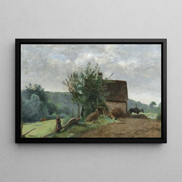 Tilan pihapiiri hevosen kanssa ja pieni tyttö etualalla - Jean-Baptiste-Camille Corot — kehystetty taideteos seinällä