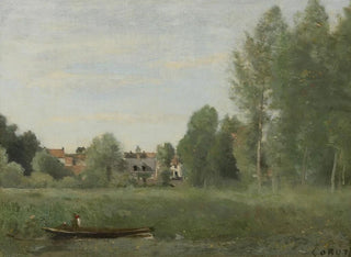 Mantesin ympäristömaalaus, pieniä taloja piilossa puissa veden äärellä - Jean-Baptiste-Camille Corot — näkymä teoksesta