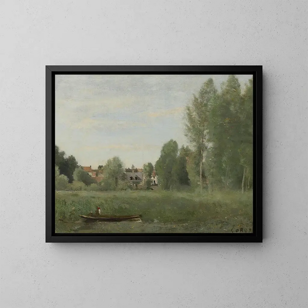 Mantesin ympäristömaalaus, pieniä taloja piilossa puissa veden äärellä - Jean-Baptiste-Camille Corot — kehystetty taideteos seinällä