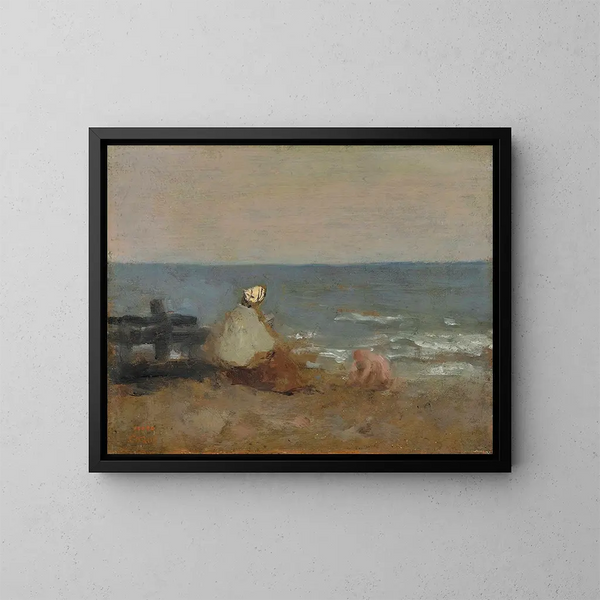 Naisten ja lapsen merellä Étretat'n rannalla - Jean-Baptiste-Camille Corot — kehystetty taideteos seinällä