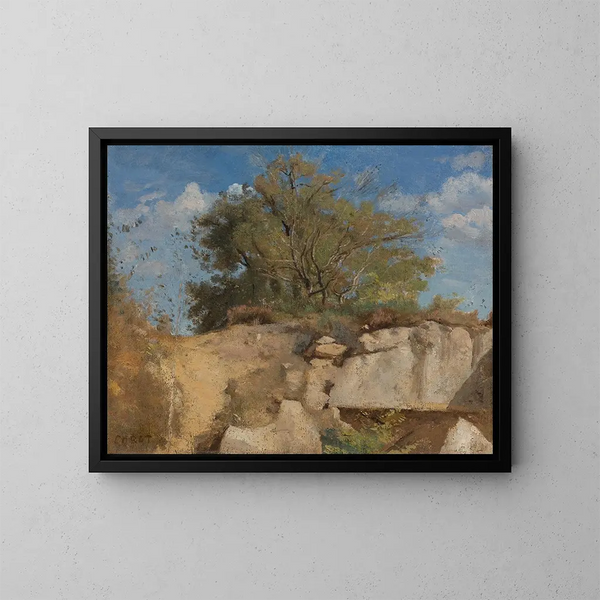 Fontainebleau-, metsän peittämä huippu - Jean-Baptiste-Camille Corot — kehystetty taideteos seinällä
