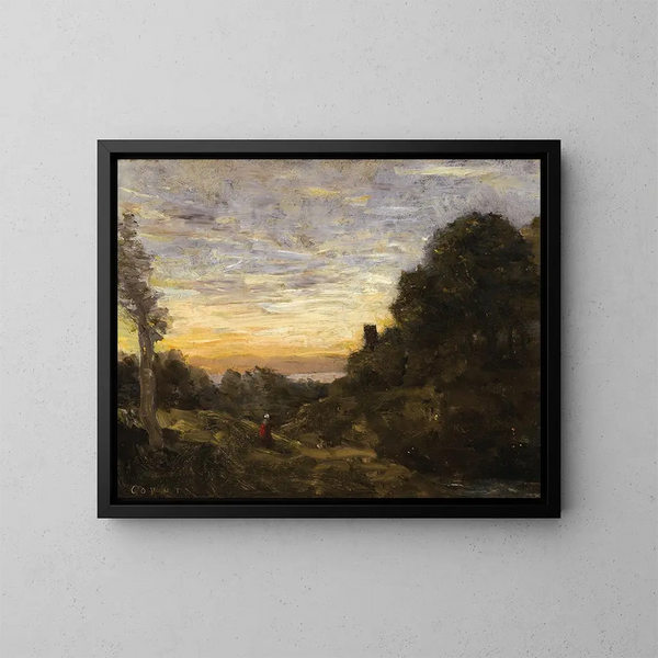 La tour dans les arbres - Jean-Baptiste-Camille Corot — kehystetty taideteos seinällä