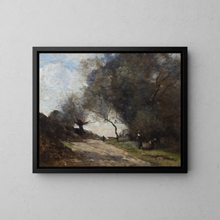 La cueillette au bord du chemin - Jean-Baptiste-Camille Corot — kehystetty taideteos seinällä
