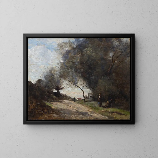 La cueillette au bord du chemin - Jean-Baptiste-Camille Corot — kehystetty taideteos seinällä