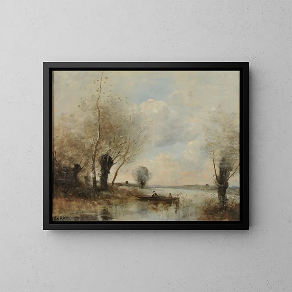 La pêche en barque auprès des saules - Jean-Baptiste-Camille Corot — kehystetty taideteos seinällä