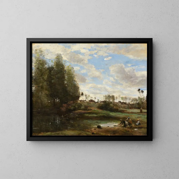 Laveuses au bord de l'eau - Jean-Baptiste-Camille Corot — kehystetty taideteos seinällä