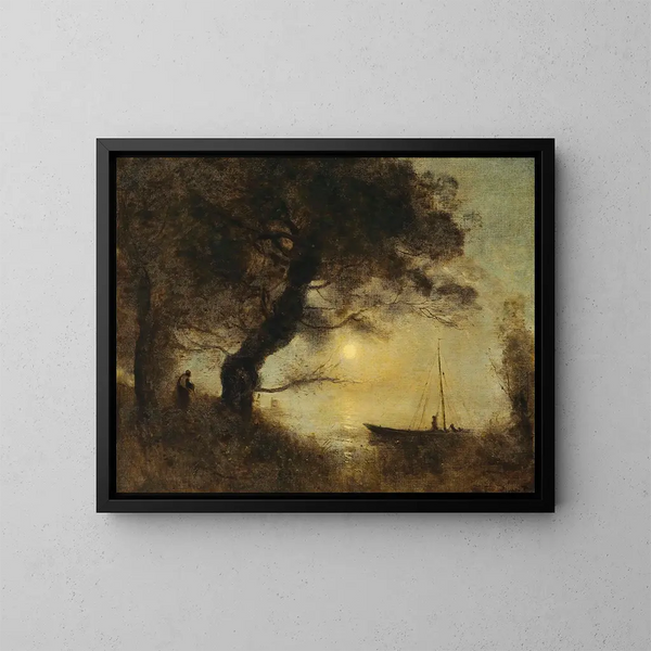 Le Bateau au clair de lune - Jean-Baptiste-Camille Corot — kehystetty taideteos seinällä