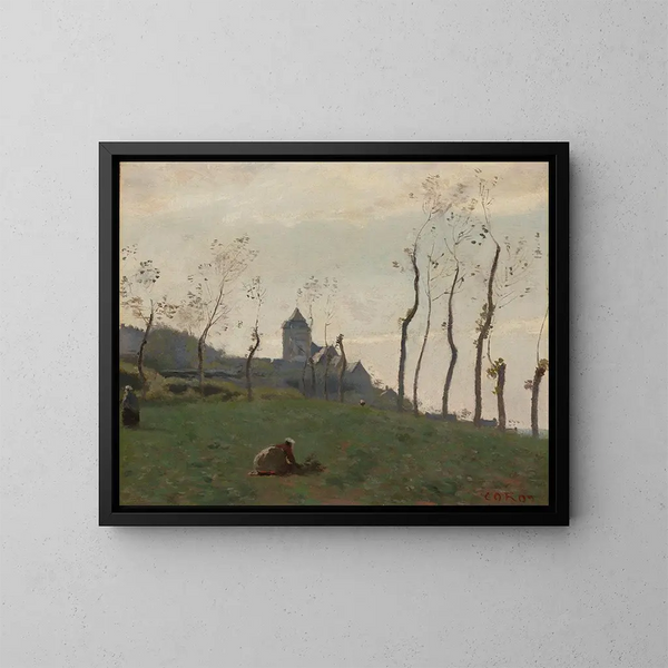 Le Tréport, un port et une église - Jean-Baptiste-Camille Corot — kehystetty taideteos seinällä