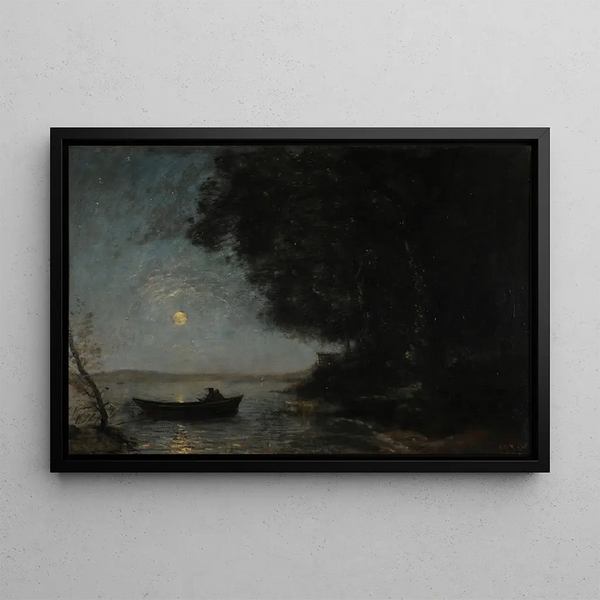 Järvi, yövaikutelma - Jean-Baptiste-Camille Corot — kehystetty taideteos seinällä
