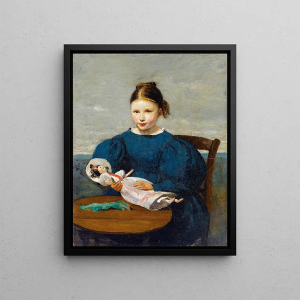 Pieni tyttö lelun kanssa - Jean-Baptiste-Camille Corot — kehystetty taideteos seinällä