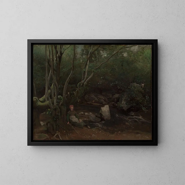 Pikkutytär vuohennokka istuu joen varrella metsässä - Jean-Baptiste-Camille Corot — kehystetty taideteos seinällä