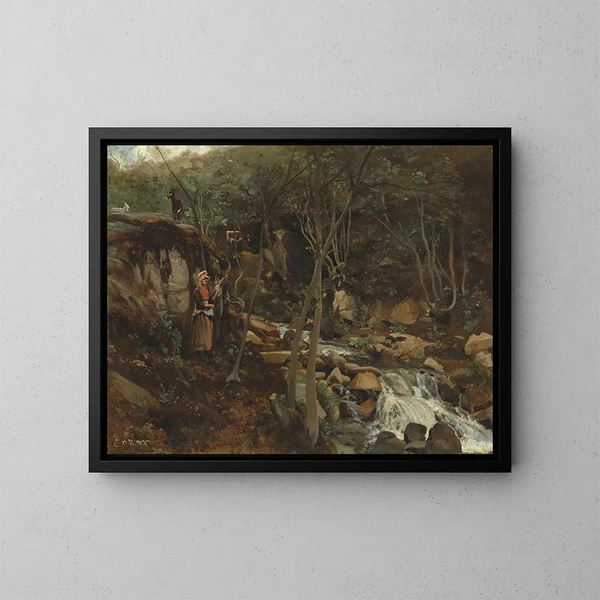 Un torrent avec une chèvre debout filant - Jean-Baptiste-Camille Corot — kehystetty taideteos seinällä