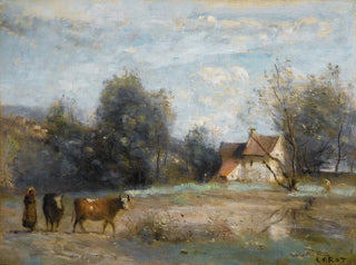 Luzancy-, pienet maatilamaiset talot veden rannalla - Jean-Baptiste-Camille Corot — näkymä teoksesta