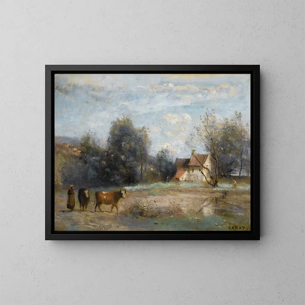 Luzancy-, pienet maatilamaiset talot veden rannalla - Jean-Baptiste-Camille Corot — kehystetty taideteos seinällä