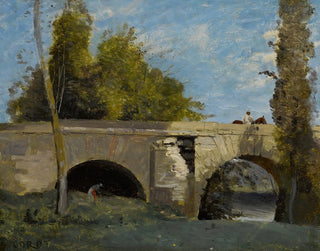 Mantes, kaksi kaarta sillasta ratsastajan kanssa - Jean-Baptiste-Camille Corot — näkymä teoksesta