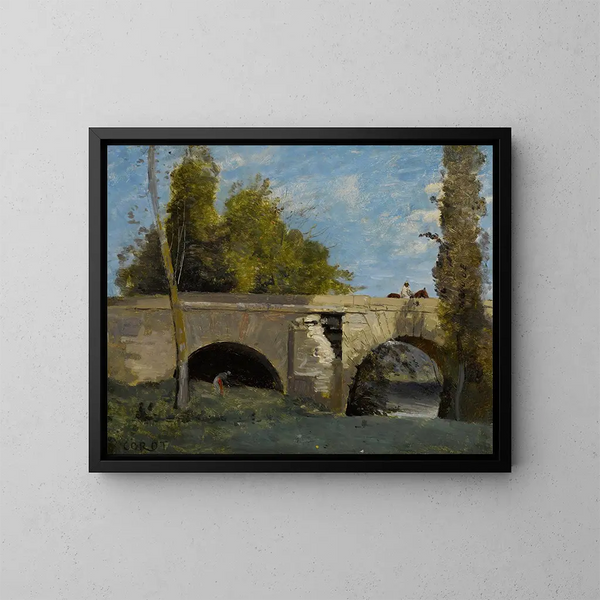 Mantes, kaksi kaarta sillasta ratsastajan kanssa - Jean-Baptiste-Camille Corot — kehystetty taideteos seinällä