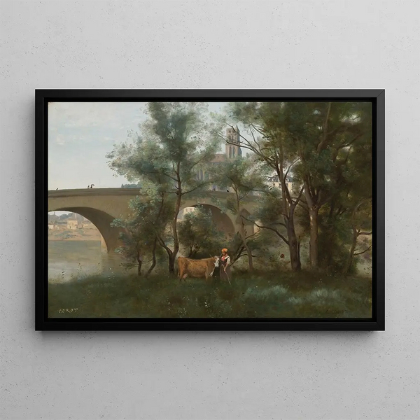 Mantes Seine-joen rannalla sillan juurella - Jean-Baptiste-Camille Corot — kehystetty taideteos seinällä