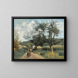 Marcoussis, tie halkojen läpi - Jean-Baptiste-Camille Corot — kehystetty taideteos seinällä