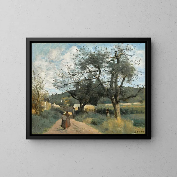 Marcoussis, tie halkojen läpi - Jean-Baptiste-Camille Corot — kehystetty taideteos seinällä