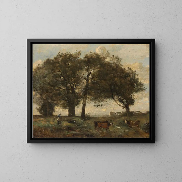Marécages boisés avec trois vaches - Jean-Baptiste-Camille Corot — kehystetty taideteos seinällä