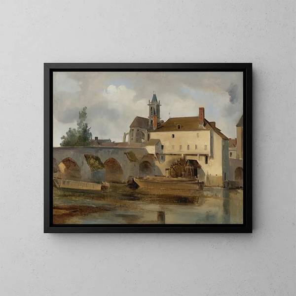 Moret-sur-Loingin maalaus, silta ja kirkko - Jean-Baptiste-Camille Corot — kehystetty taideteos seinällä