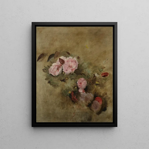 luonnonkuvaus kukkakimpuun - Jean-Baptiste-Camille Corot — kehystetty taideteos seinällä