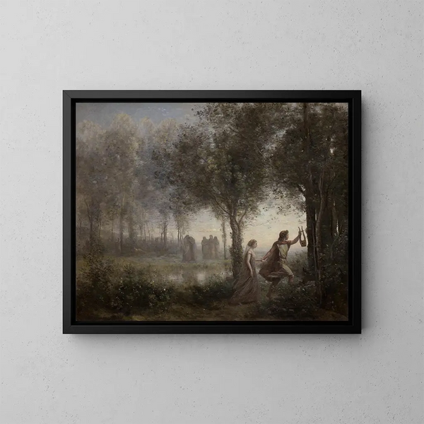 Orfeus johtamassa Eurydikeä pois manalasta - Jean-Baptiste-Camille Corot — kehystetty taideteos seinällä