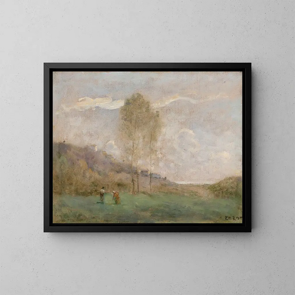 Syksyinen maisema meren rannalla kahden henkilön kanssa - Jean-Baptiste-Camille Corot — kehystetty taideteos seinällä