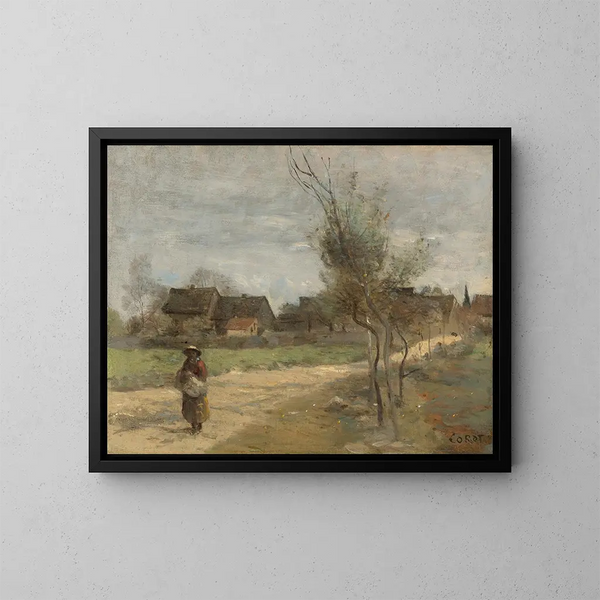 Maalaismaisema kylänäkymän tien varrella - Jean-Baptiste-Camille Corot — kehystetty taideteos seinällä
