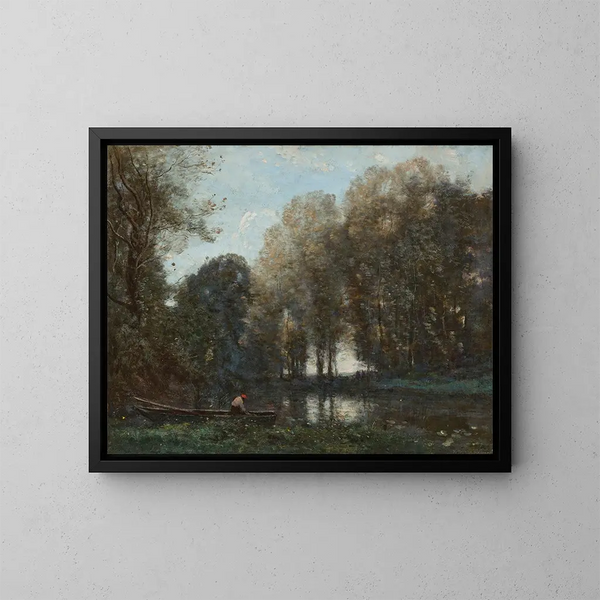 Pêcheur amarré sur la rive verte - Jean-Baptiste-Camille Corot — kehystetty taideteos seinällä