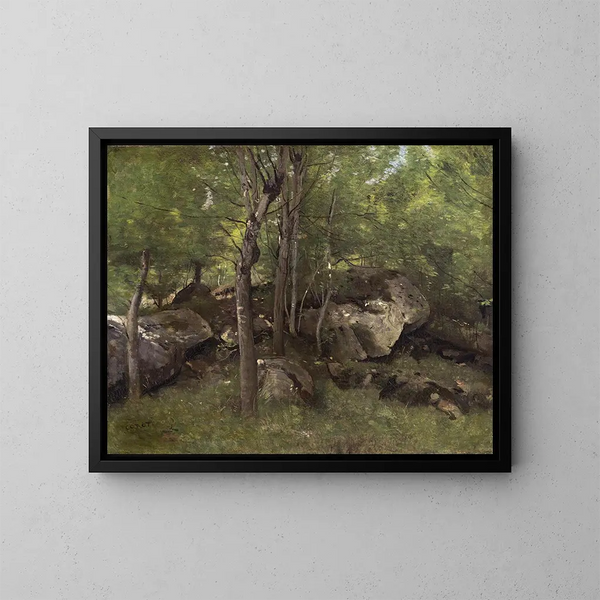 Rochers dans la forêt de Fontainebleau - Jean-Baptiste-Camille Corot — kehystetty taideteos seinällä