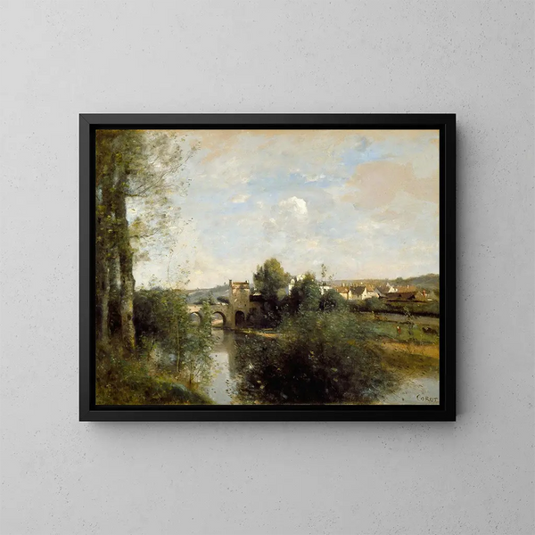 Seine ja vanha silta Limayssä - Jean-Baptiste-Camille Corot — kehystetty taideteos seinällä