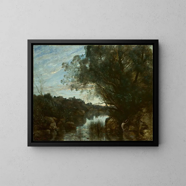 Muisto Nemi-järven ympäristöistä - Jean-Baptiste-Camille Corot — kehystetty taideteos seinällä