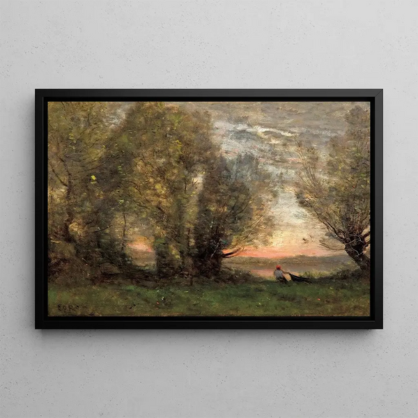 Kalastaja, iltavaikutelma - Jean-Baptiste-Camille Corot — kehystetty taideteos seinällä