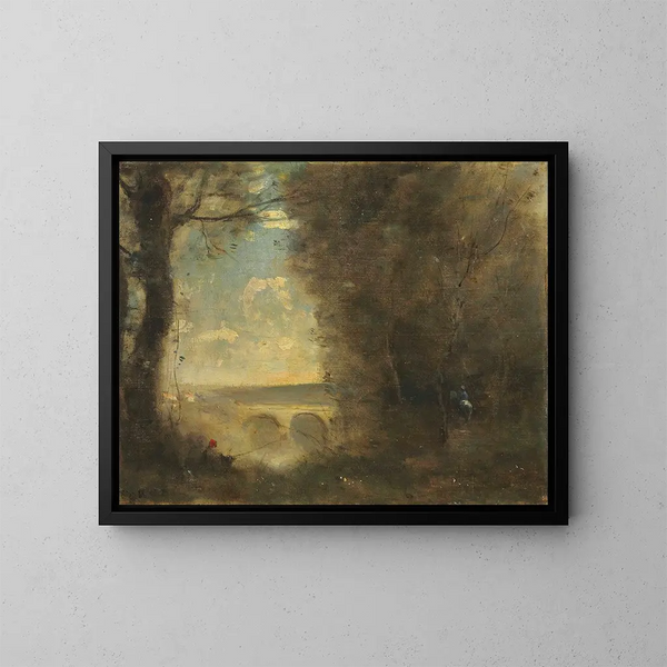 Kalastaja, muisto Mantesin sillalta - Jean-Baptiste-Camille Corot — kehystetty taideteos seinällä