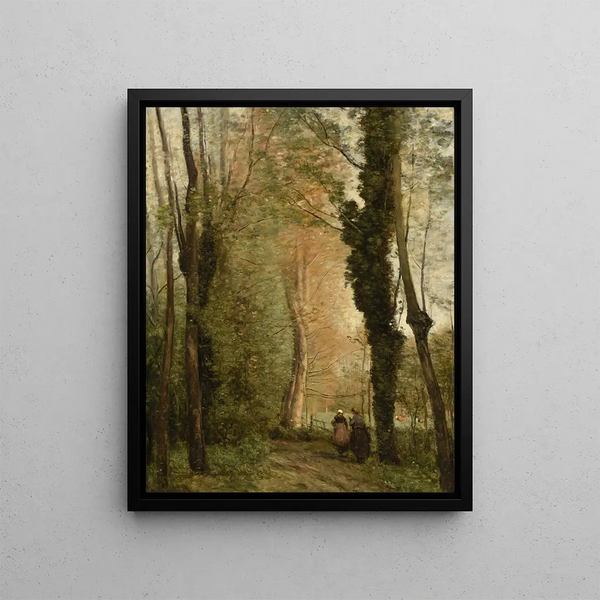 Un chemin sous les arbres au printemps - Jean-Baptiste-Camille Corot — kehystetty taideteos seinällä