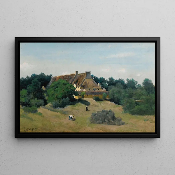 Maatila Saint-Martin-du-Bon-Fossé'n lähellä Saint-Lô'ta - Jean-Baptiste-Camille Corot — kehystetty taideteos seinällä