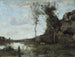 ja lehmä, järvi kylänäkymässä - Jean-Baptiste-Camille Corot — näkymä teoksesta