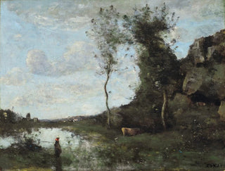 ja lehmä, järvi kylänäkymässä - Jean-Baptiste-Camille Corot — näkymä teoksesta