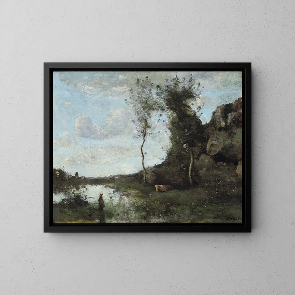 ja lehmä, järvi kylänäkymässä - Jean-Baptiste-Camille Corot — kehystetty taideteos seinällä
