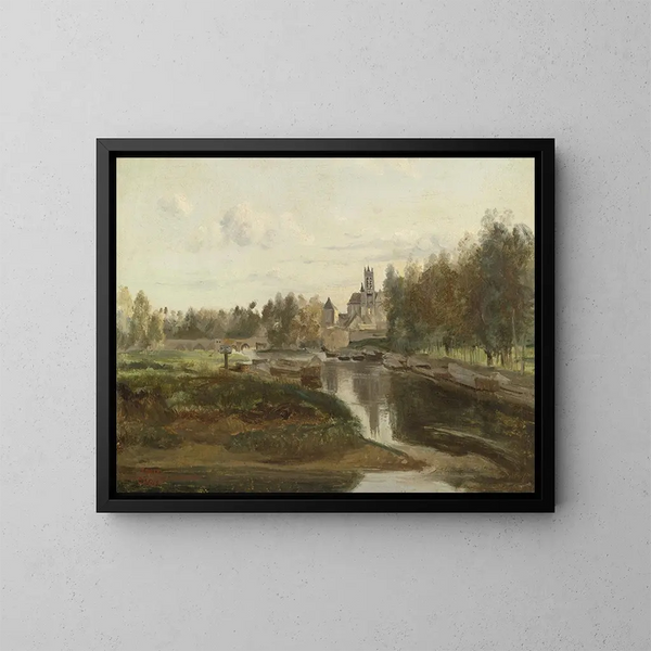 Moret-sur-Loing'n näkymä - Jean-Baptiste-Camille Corot — kehystetty taideteos seinällä