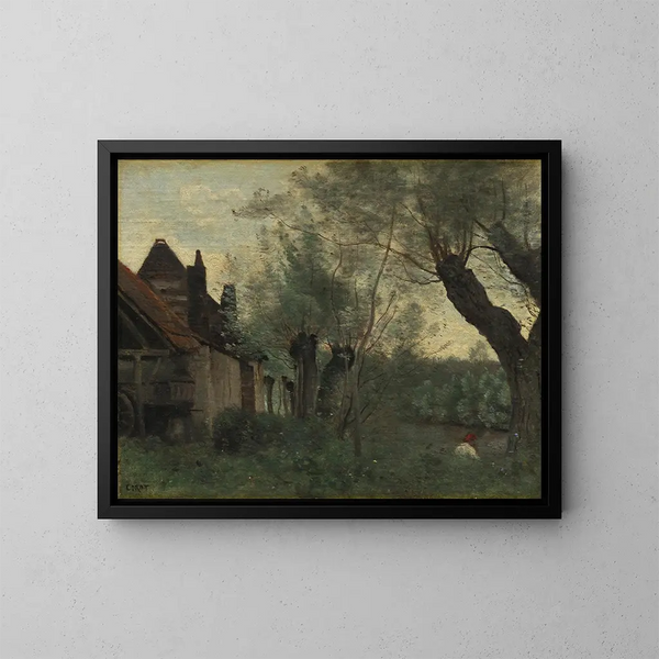 Saules et ferme à Sainte-Catherine-les-Arras - Jean-Baptiste-Camille Corot — kehystetty taideteos seinällä